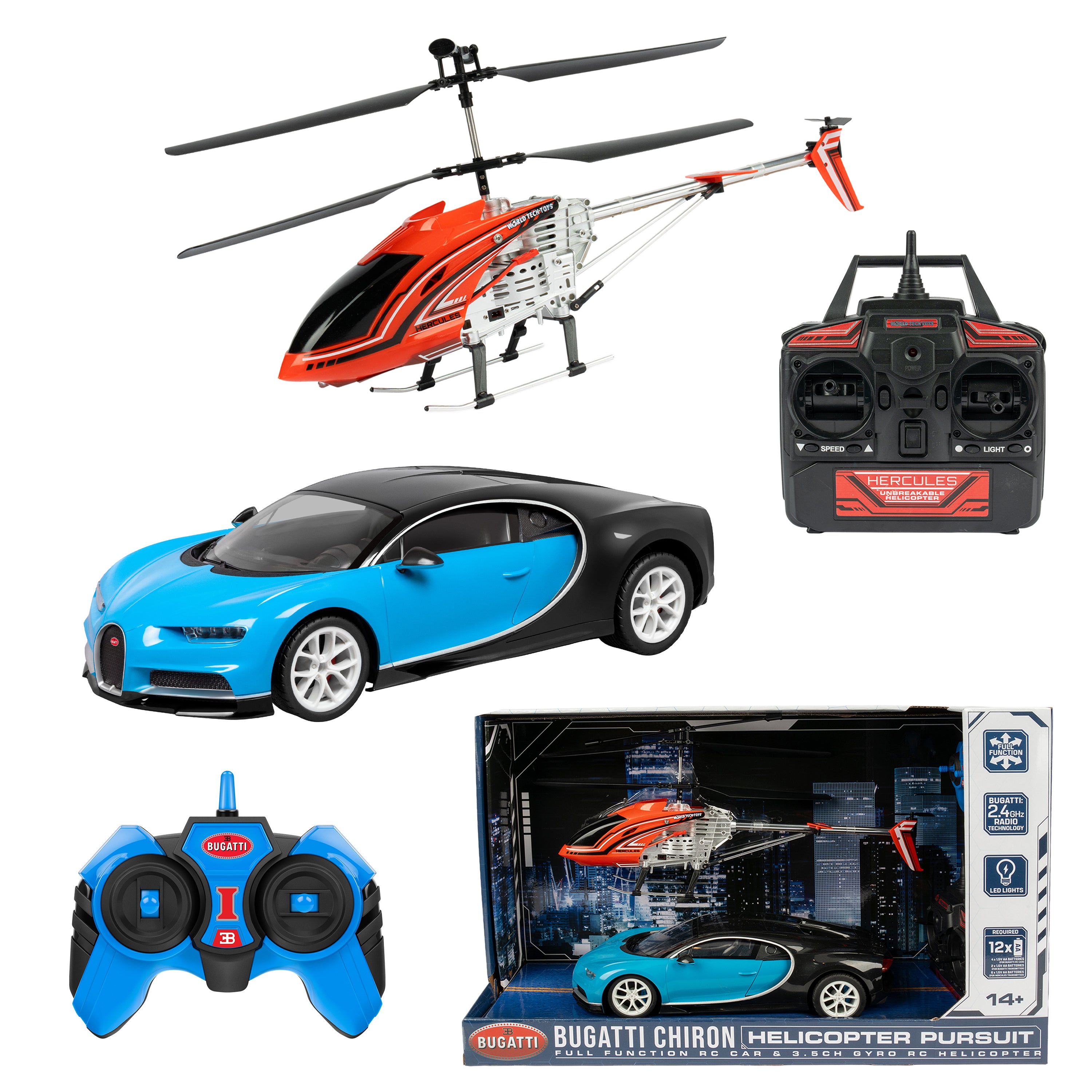 Conjunto de persecución con coche teledirigido Bugatti Chiron y helicóptero giroscópico de 3,5 canales
