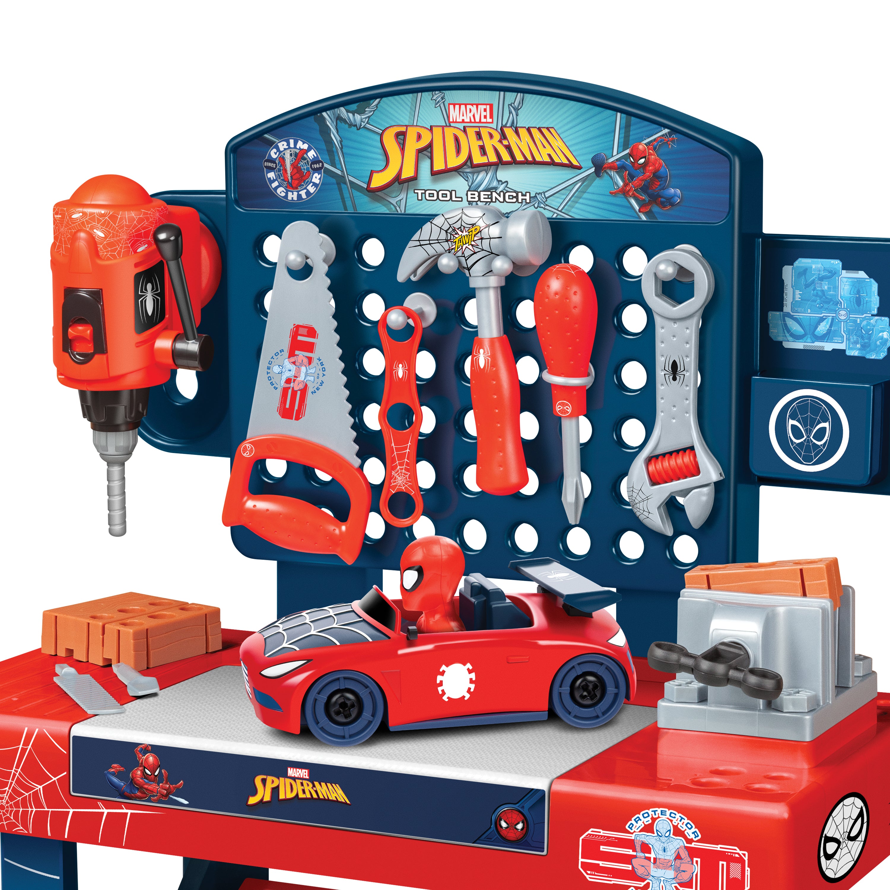 Banco de herramientas de Spider-Man con coche desmontable (84 piezas)