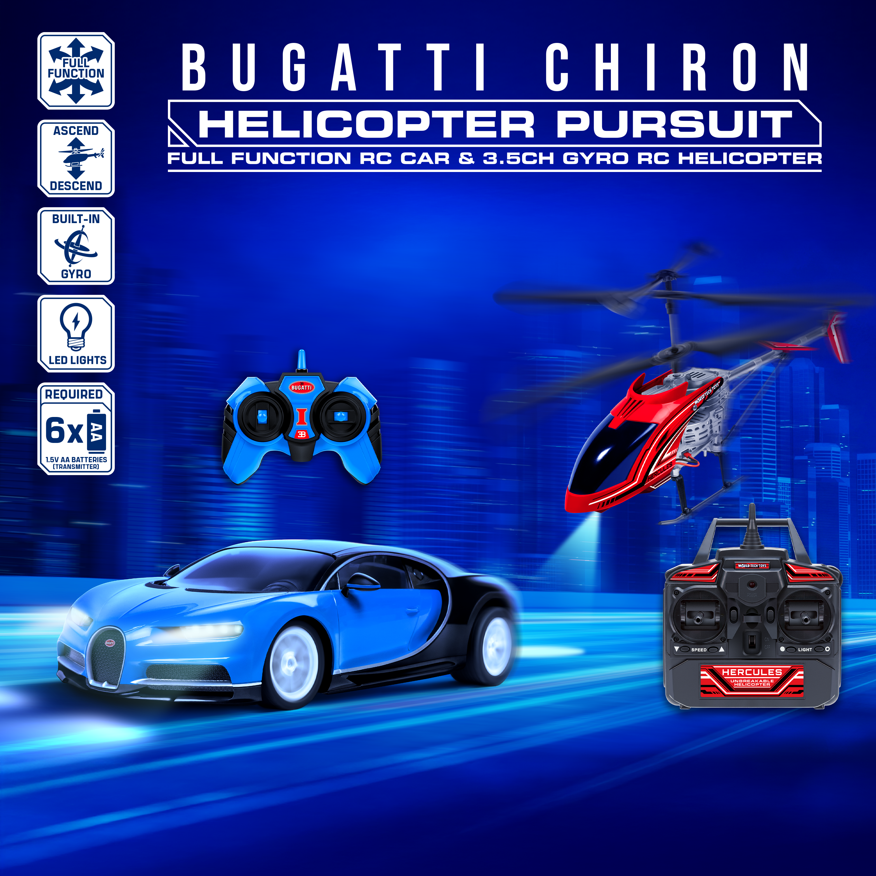 Bugatti Chiron RC Car & 3.5 Channel Gyro Helicopter Pursuit Set