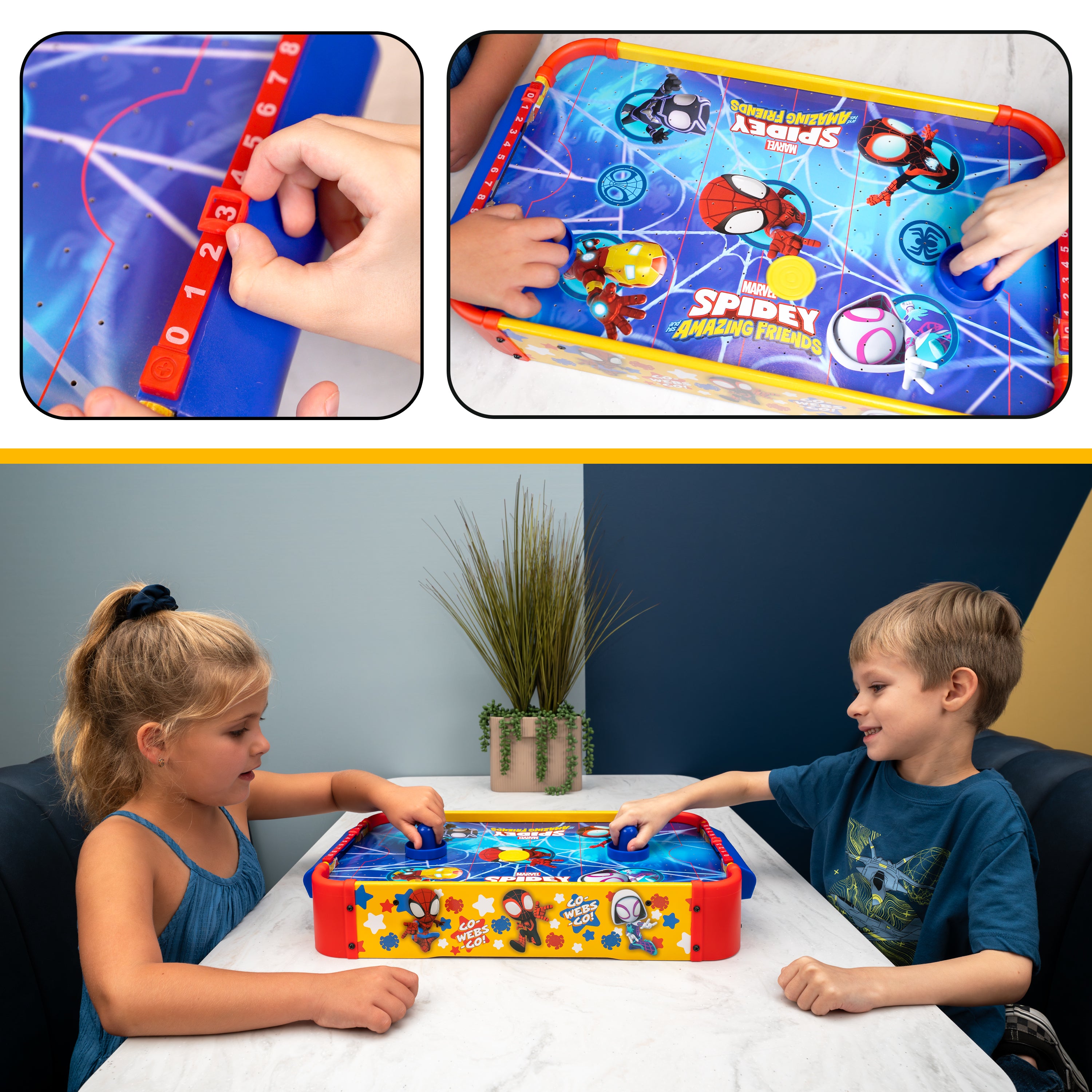 Mesa electrónica de hockey de aire de madera con Spidey y sus increíbles amigos