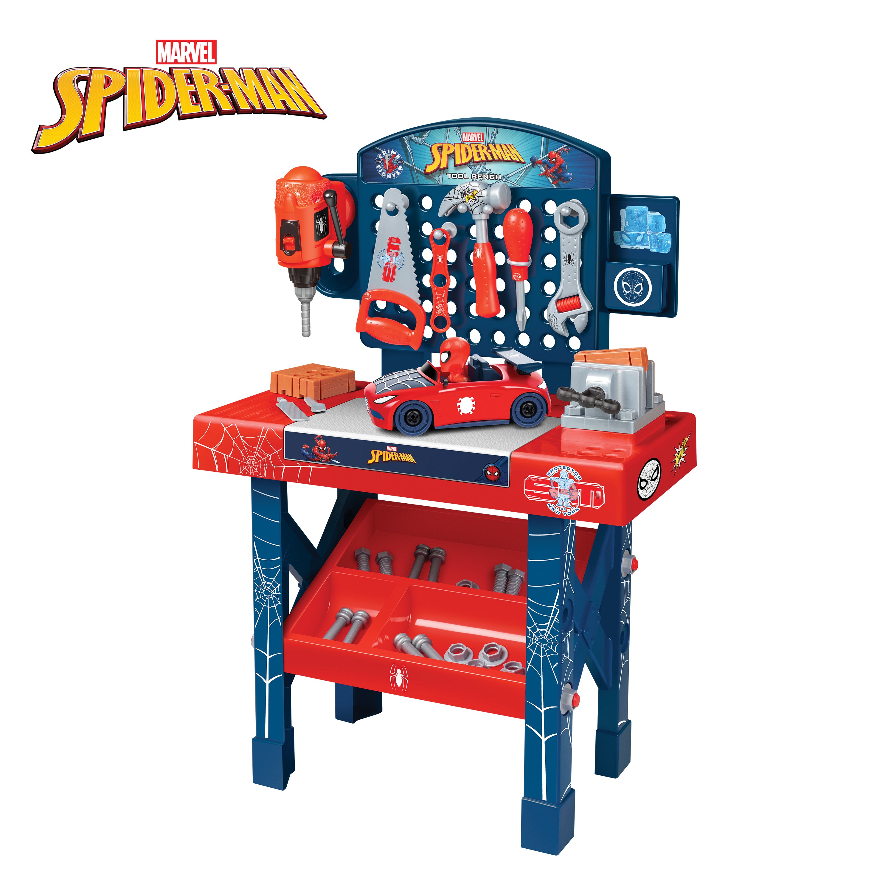 Banco de herramientas de Spider-Man con coche desmontable (84 piezas)