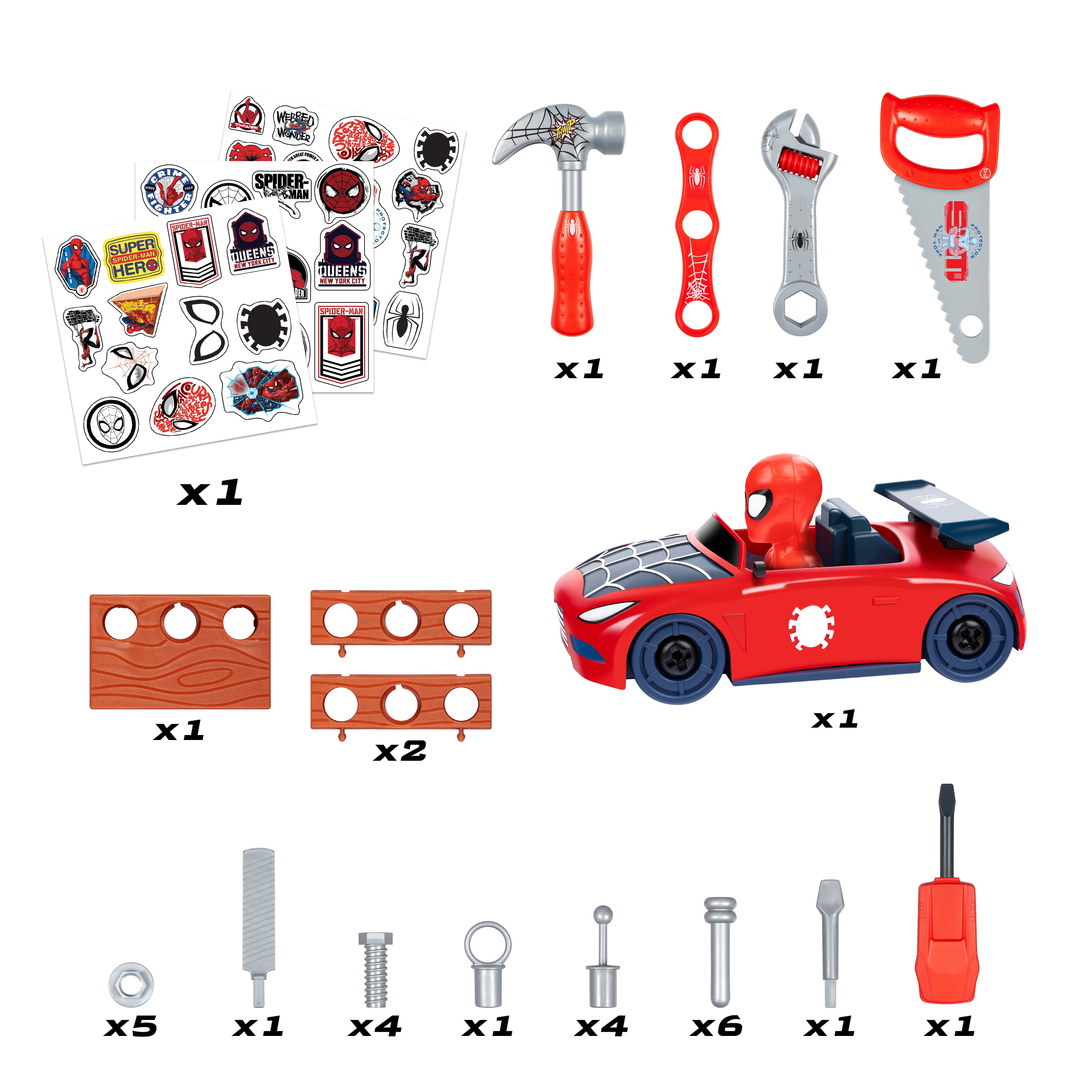 Banco de herramientas de Spider-Man con coche desmontable (84 piezas)