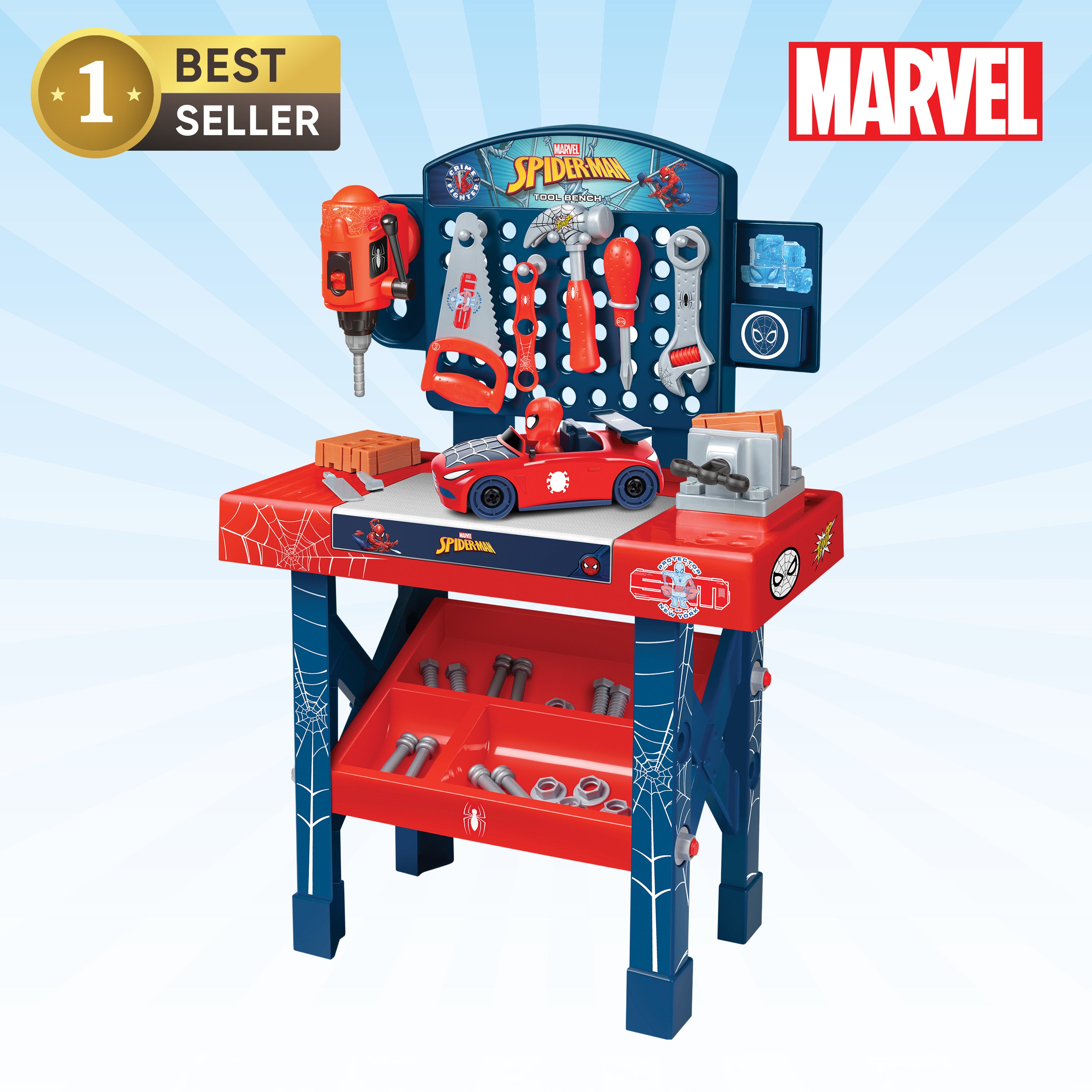 Banco de herramientas de Spider-Man con coche desmontable (84 piezas)
