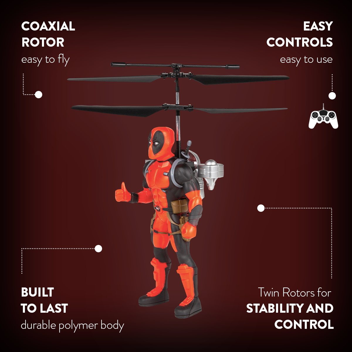 Figura voladora a control remoto con jetpack de Deadpool 