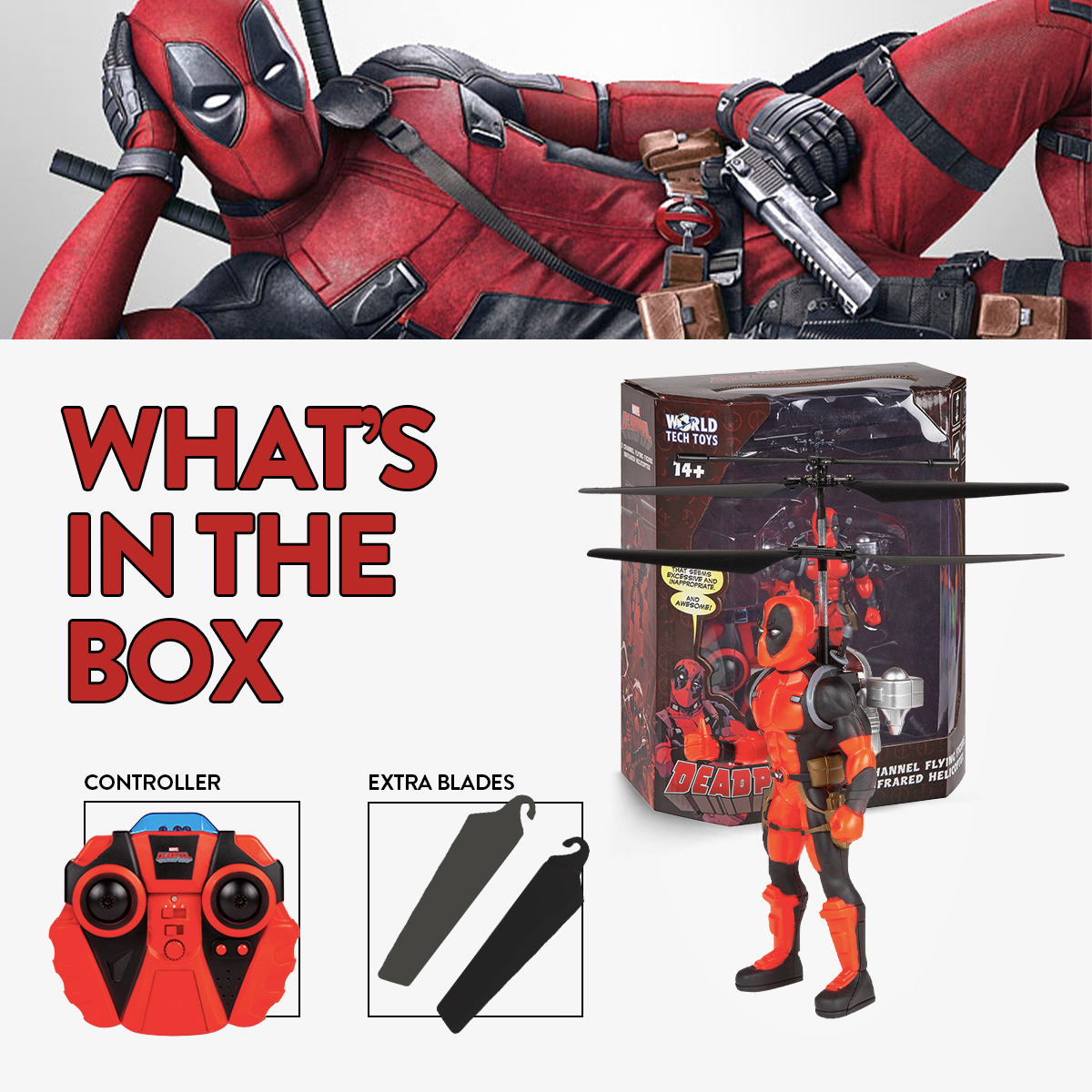 Figura voladora a control remoto con jetpack de Deadpool 