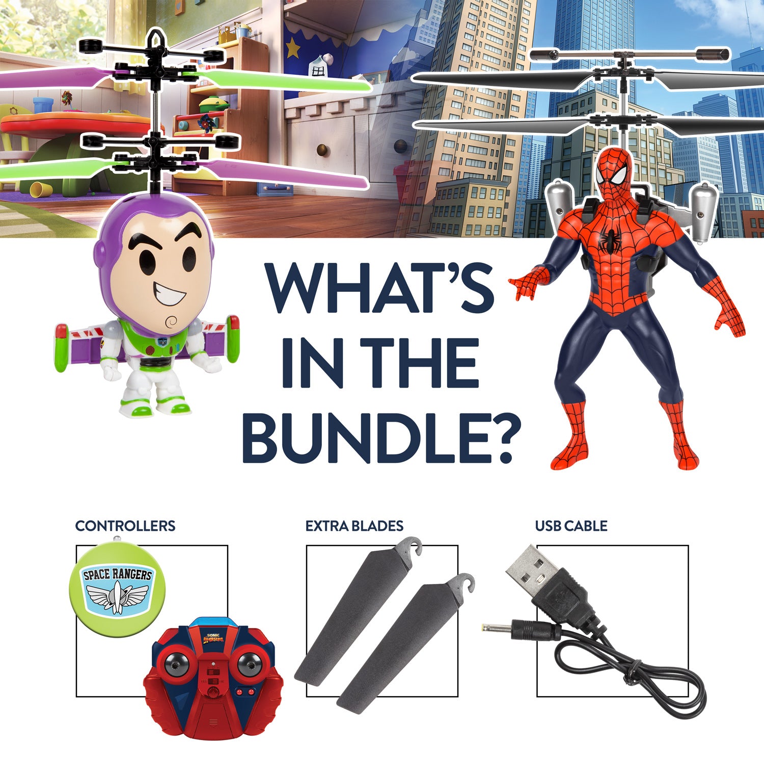 Paquete de figura voladora de Buzz Lightyear con cabeza grande y Spider-Man