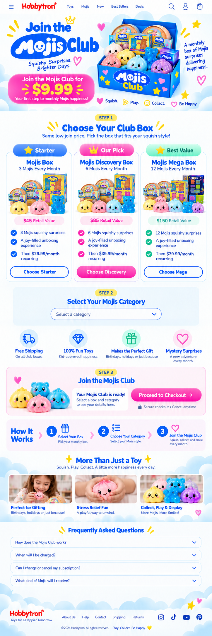 Join the Mojis Club for $9.99. Your first step to monthly Mojis happiness! Colorful Mojis characters in a blue Club box.