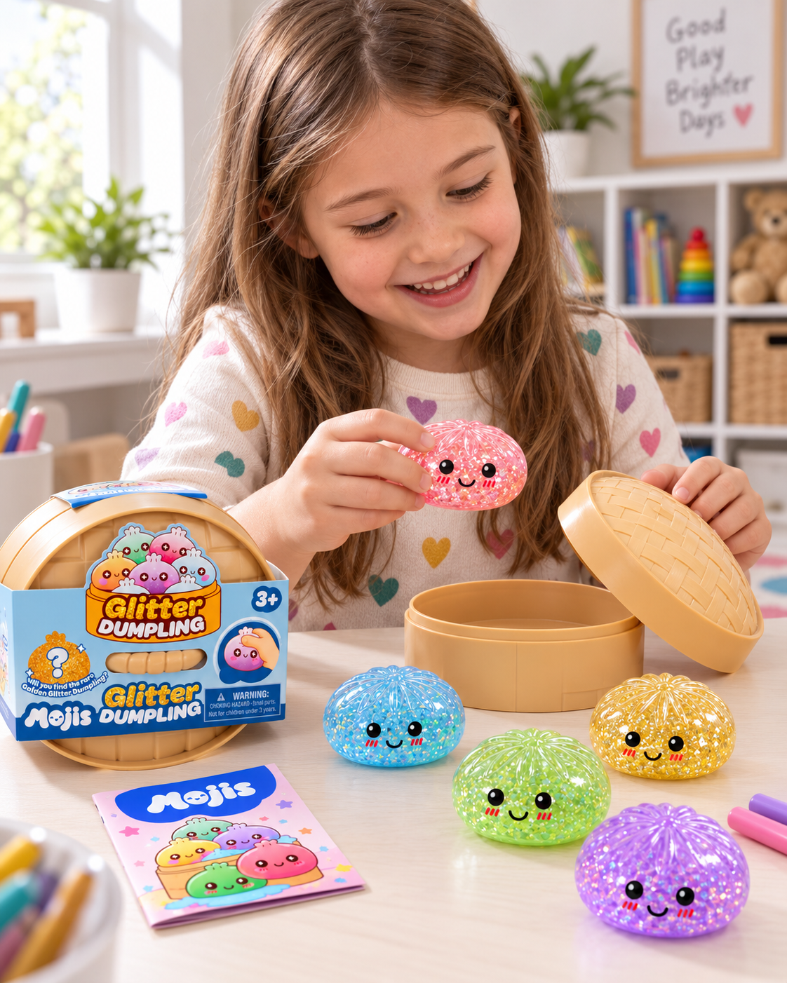A child holding a pink Mojis dumpling beside a colorful collection and an open basket.