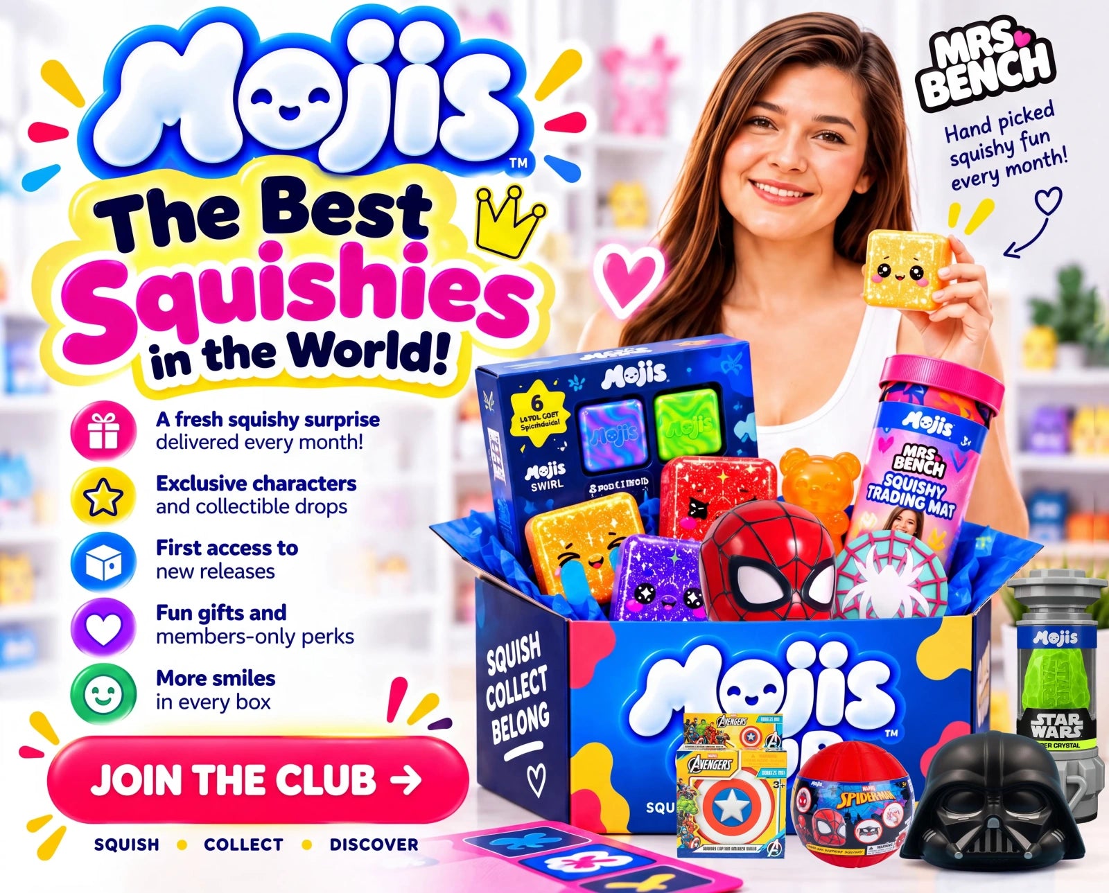 Mojis Club monthly squishy surprises and collectible drops, pictured with Mojis and licensed-character toys